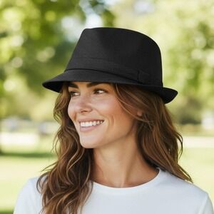 D&Y‎ Hat Fedora Fitted Womens One Size Black Trilby Short Brim Polyester Classic